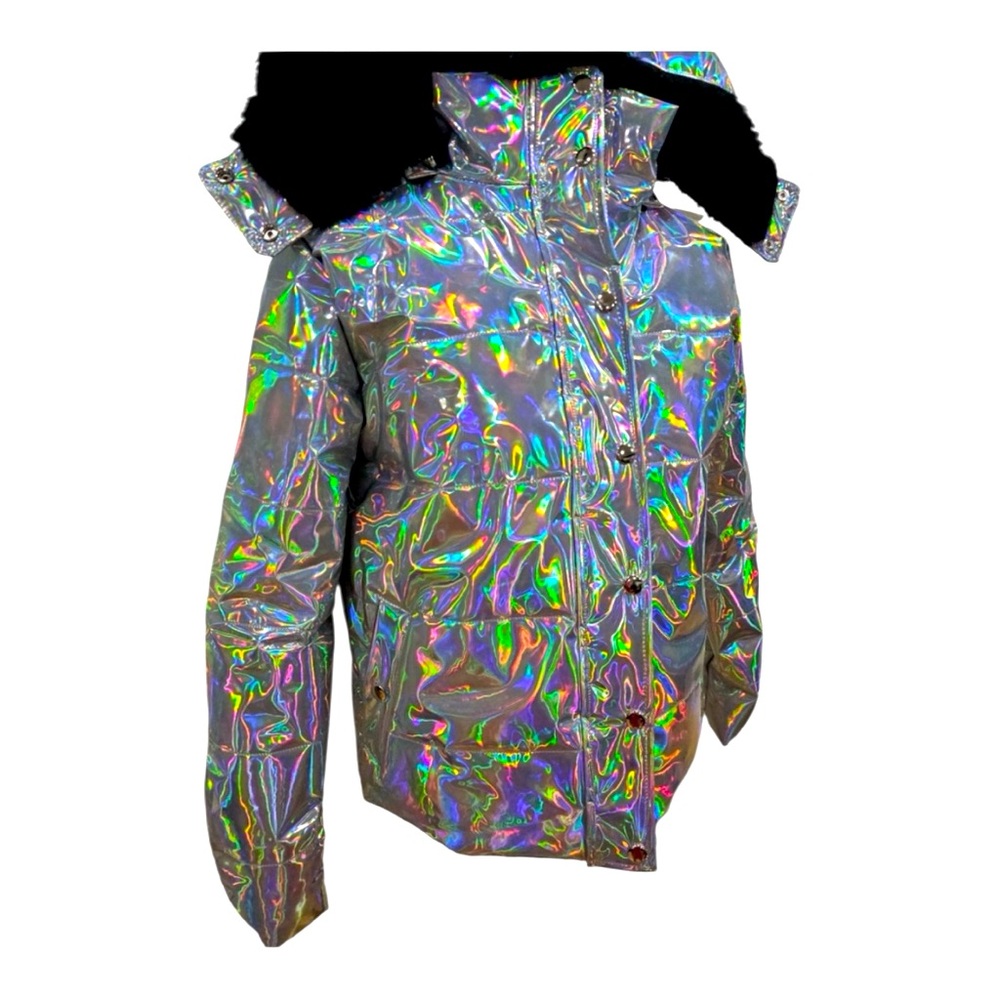 Dolls Kill NWT Dark Savage Signals holographic Puffer Jacket From Club EXX - Picture 3 of 11
